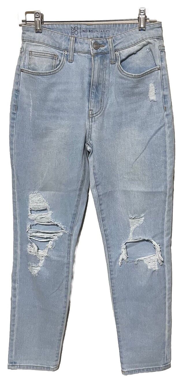 Nobo Jeans No Boundaries Juniors Size 5 Blue High Rise‎ Distressed Stretch Mom